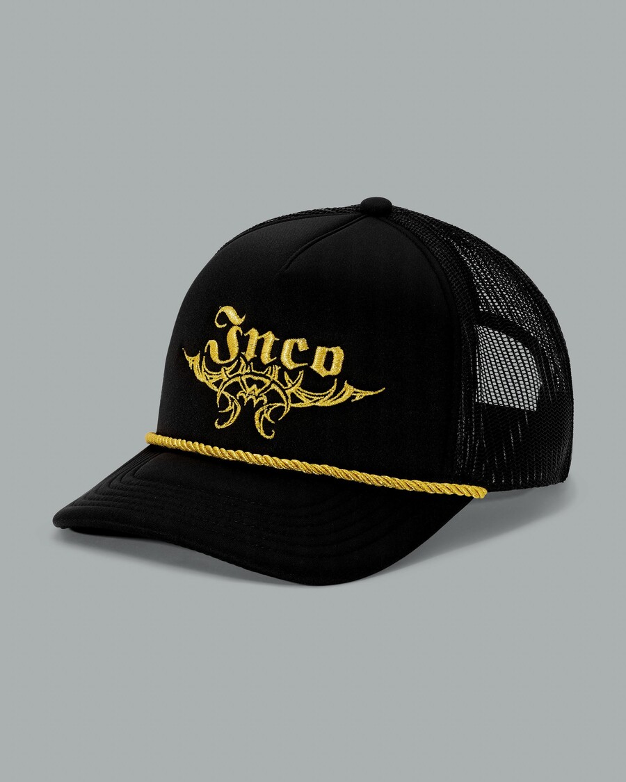 Jnco Tribal Trucker Hat. Black/ Gold.